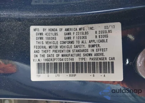 2013 Honda Accord Ex from USA, damaged, VIN 1HGCR2F77DA123749